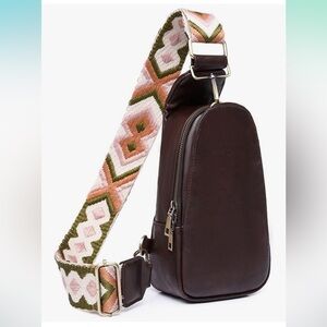 Brown Crossbody Bag with Embroidered Strap